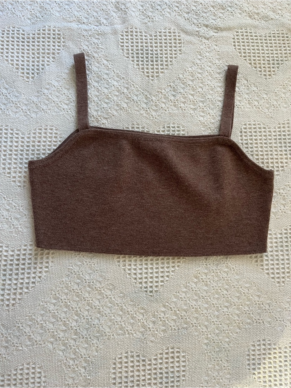 Brown Knit Square-Neck Crop Top with Thin Straps